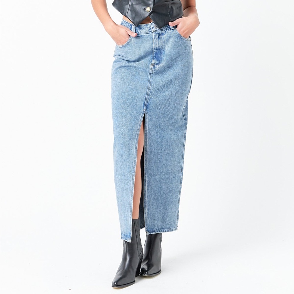 NWT! Grey Lab (L) High Waist Denim Jean Midi Skirt- Front Slit, Minimalist Edgy
